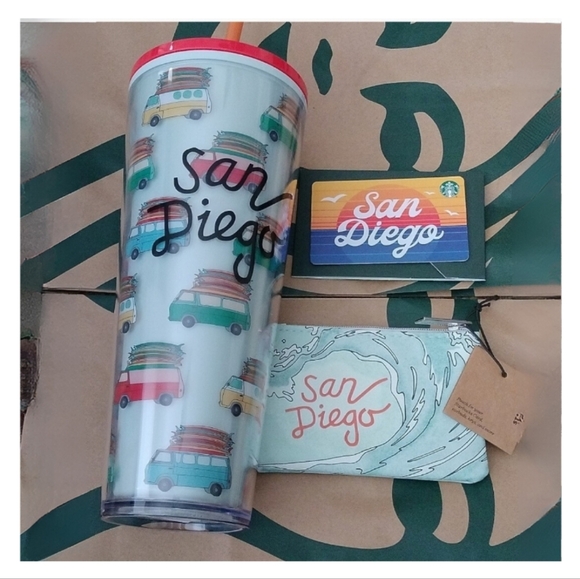 Starbucks San Diego Cold Cup + Zippered Wave Pouch + Blank Gift Card - Picture 1 of 5